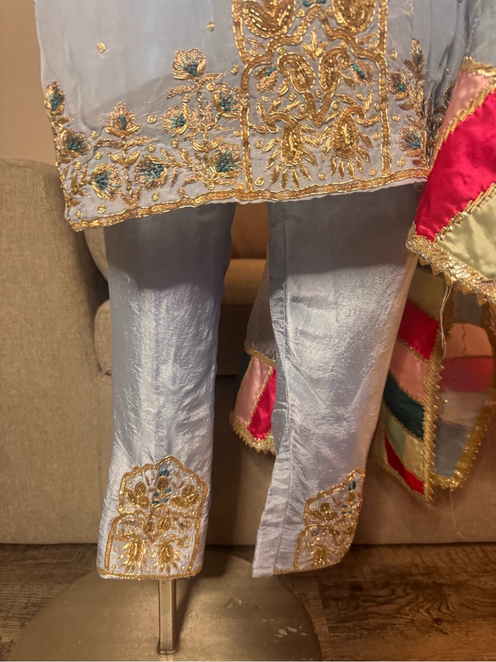 Light Blue Embroidered Salwar Kameez with Multi-Color Border Dupatta Small - Picture 6 of 6